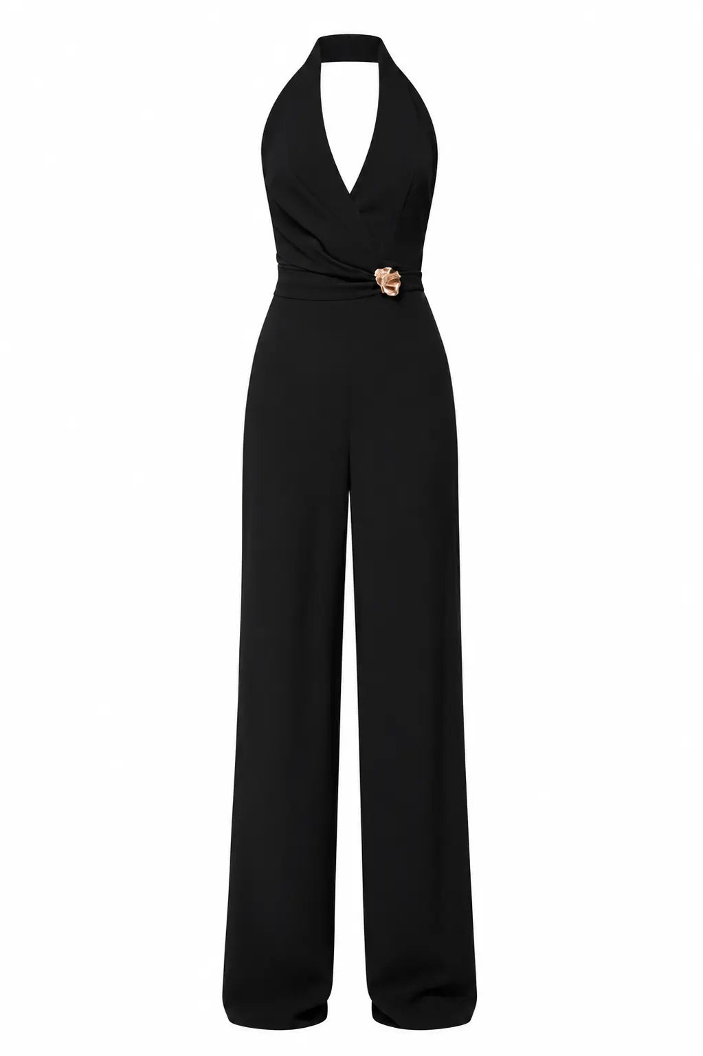 Black Halter Jumpsuit – Gold Brooch