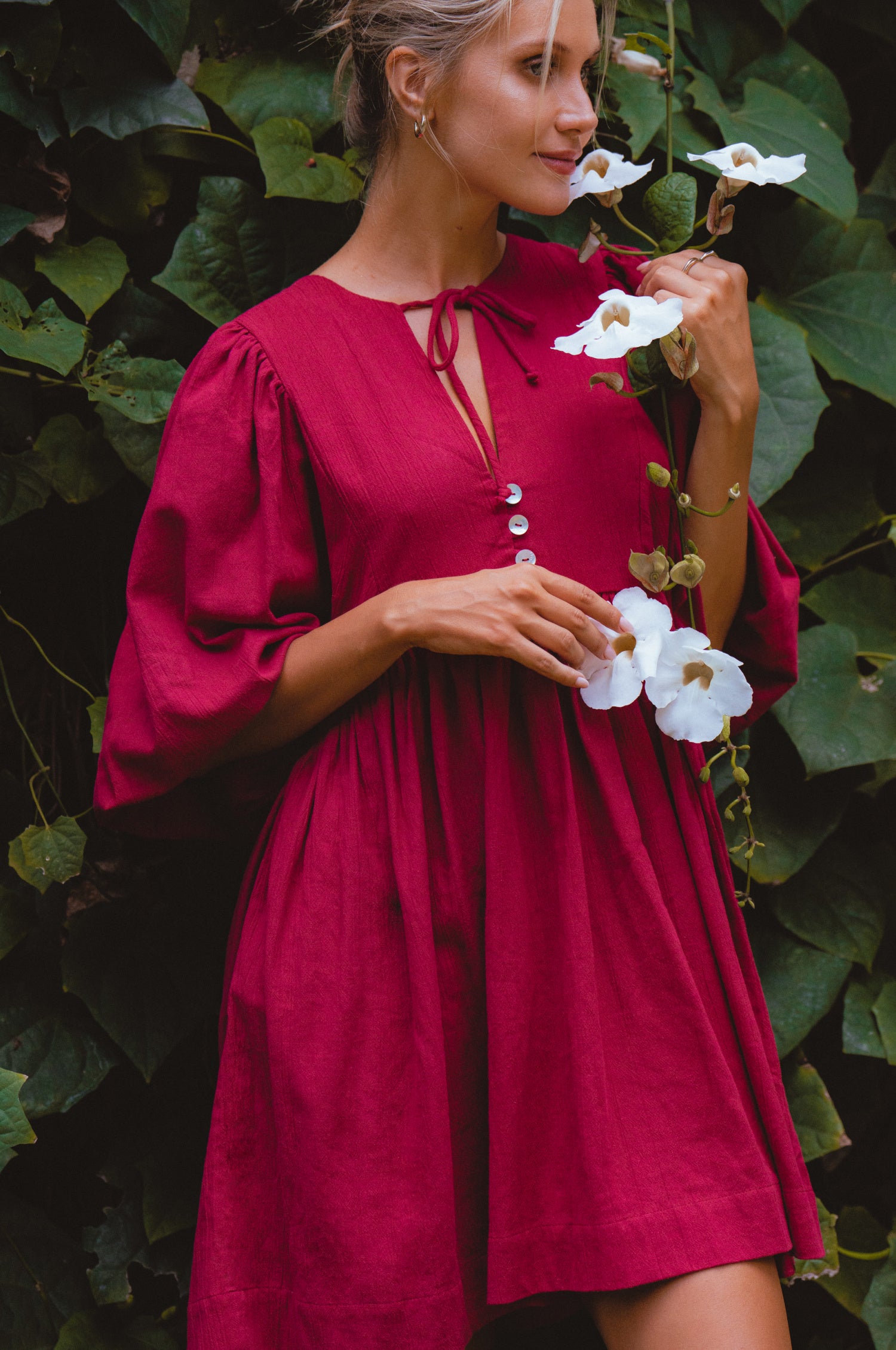 Maribelle Baby Doll Linen Dress - Sangria