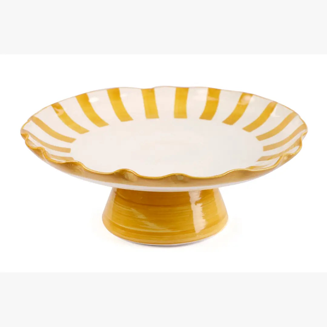 Ceramic Stripe Cake Stand, Yellow  - 10 x 10 x 3.75 Inches