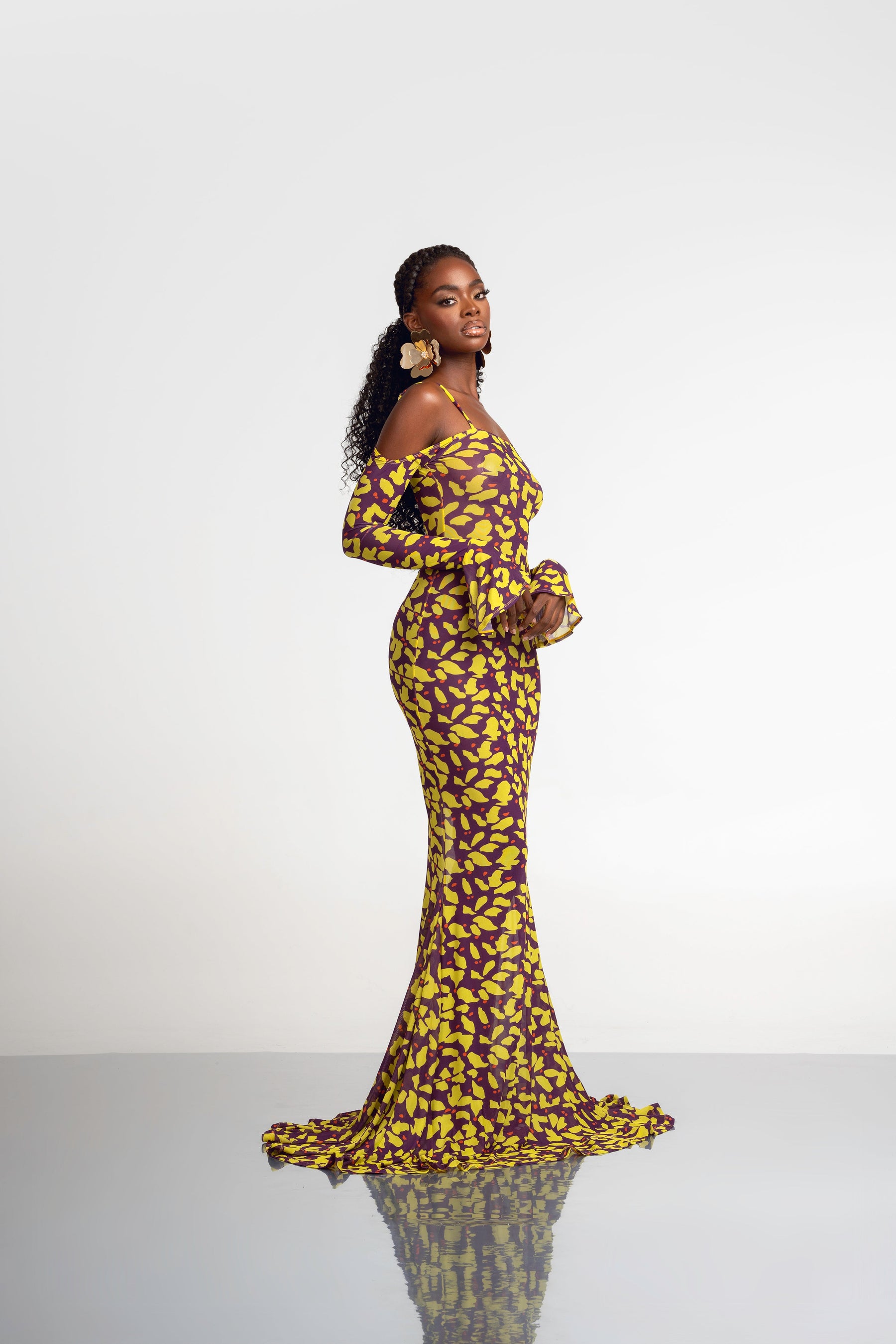 SAKI OFF SHOULDER MAXI MESH DRESS