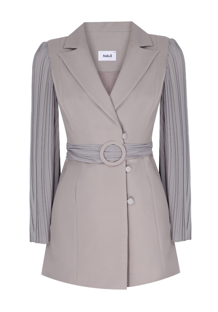 Pleated Sleeves Blazer Dress & Palazzo Wide Leg Trouser Suit