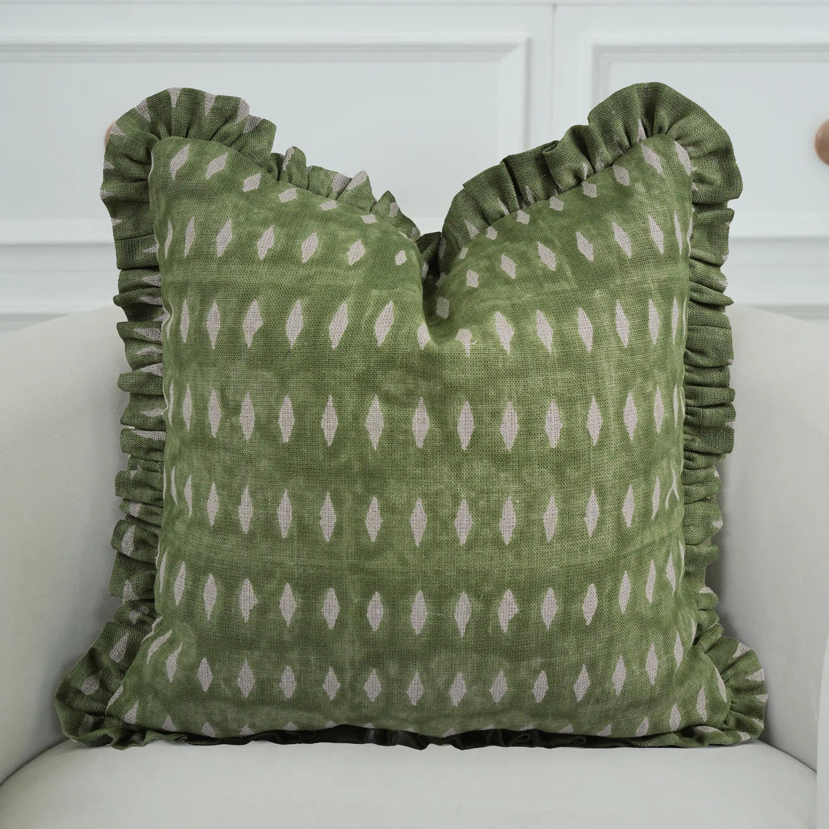 Handmade Green Block Print Thick Linen Pillow Cover - Omji