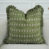 Handmade Green Block Print Thick Linen Pillow Cover - Omji
