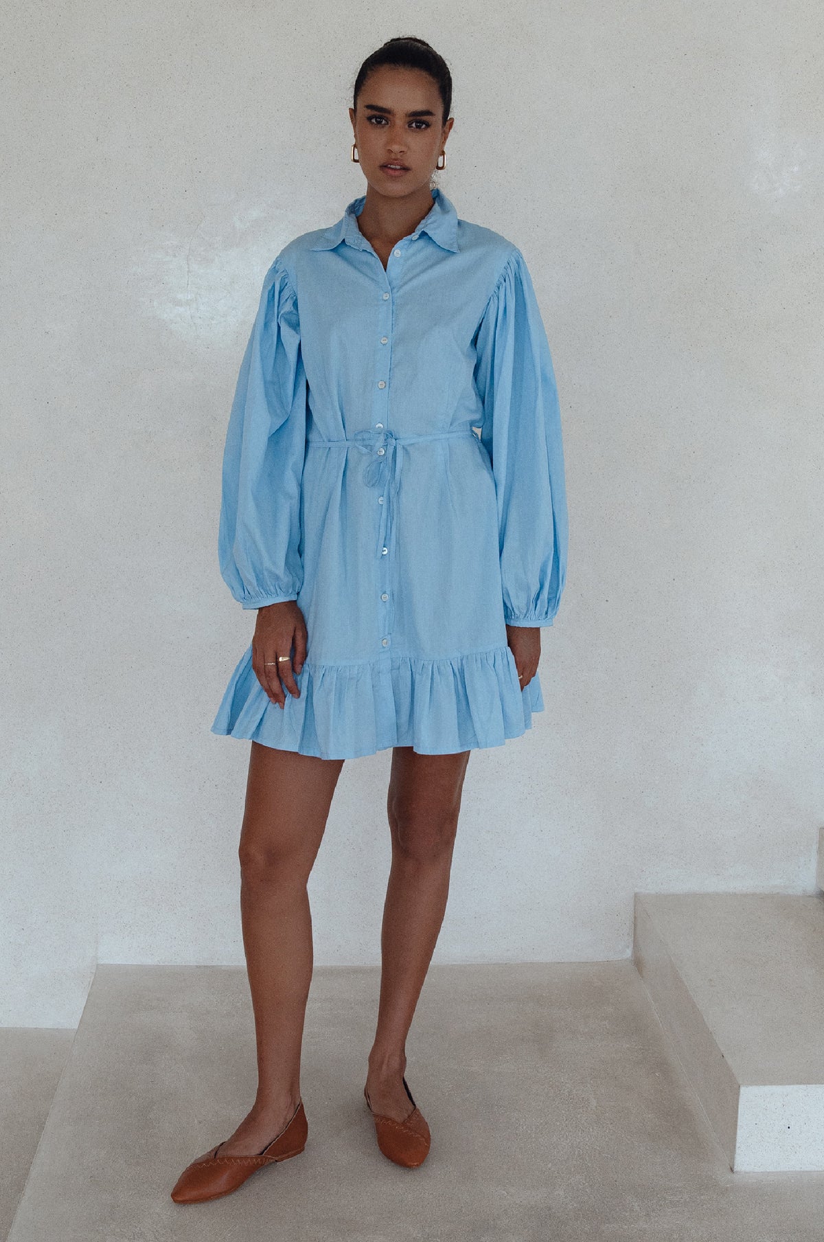 Malina Button Down Cotton Mini Dress - Light Blue