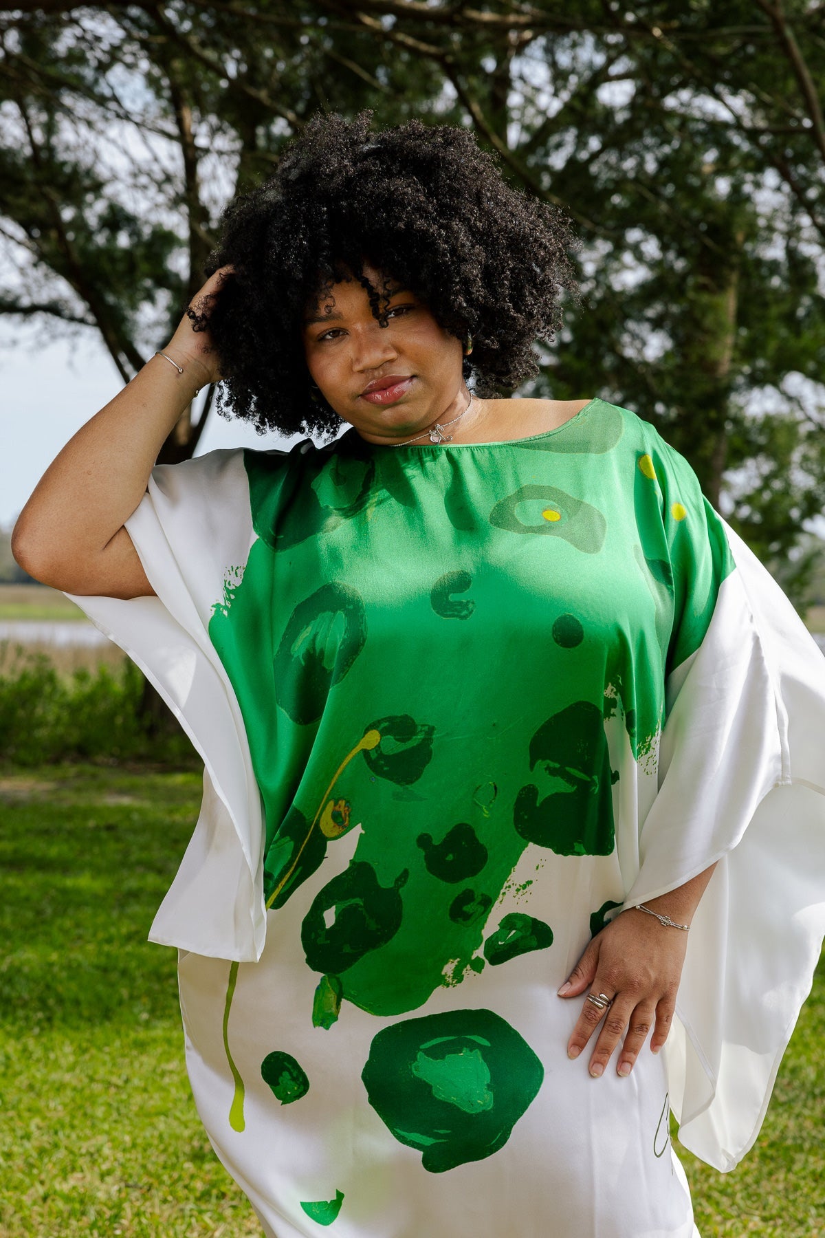 White Green Floral Expression Dolman Sleeve Dress