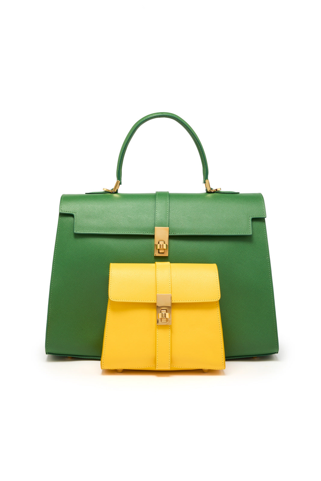 Ethereal Double Dose Saffiano Leather Handbag - Green & Yellow
