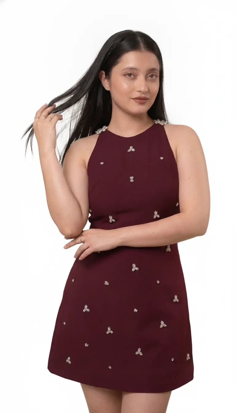 Starlight Embellished Mini Dress - Wine