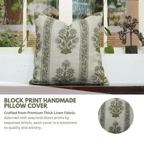 Ethnic Hand Block Printed Thick Linen Pillow Cover- Morpankh Border