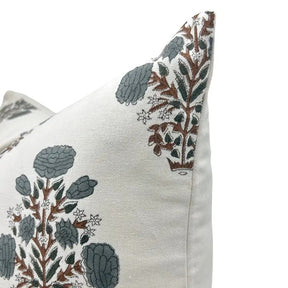 Floral Hand Made Block DesignThick Cotton White Pillow Cover  - Swadesh