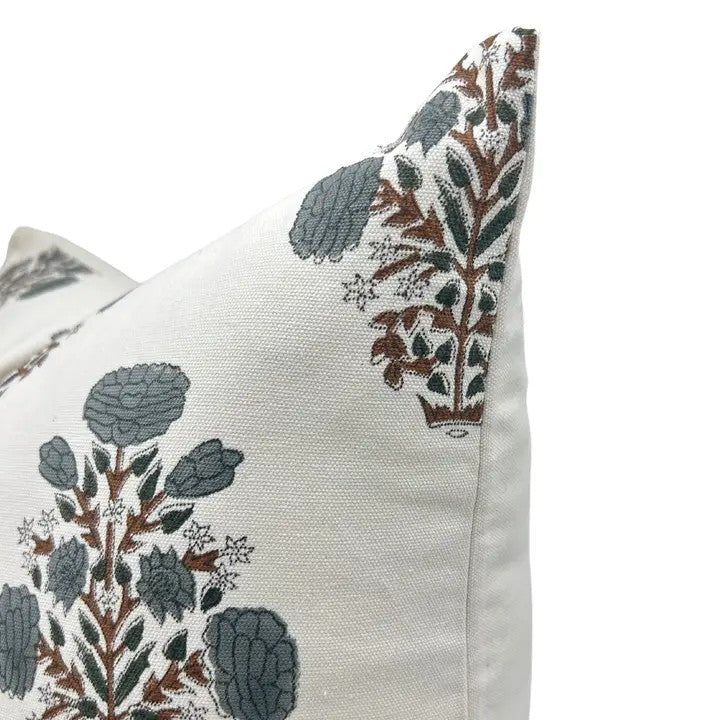 Floral Hand Made Block DesignThick Cotton White Pillow Cover  - Swadesh