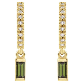 Tourmaline & .08 CT Natural Diamond Hoops in 14K Gold