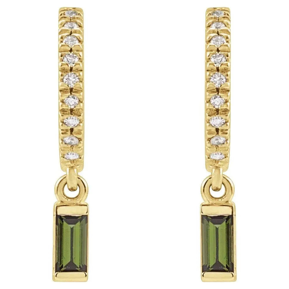 Tourmaline & .08 CT Natural Diamond Hoops in 14K Gold
