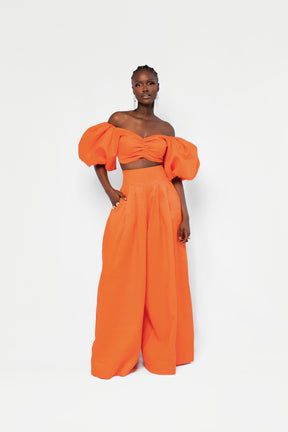 Linen SKYE Puffy Sleeve Crop Top in Orange