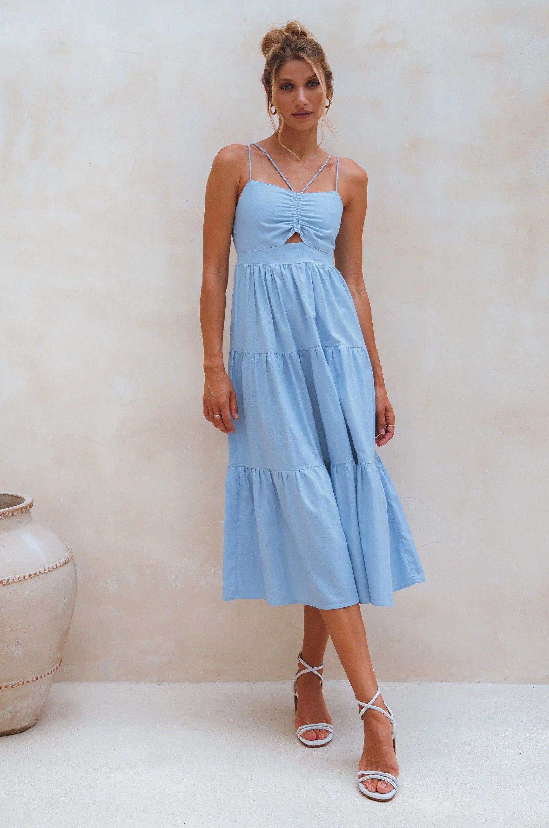 Rafaela Strappy Linen Midi Dress - Crystal Blue