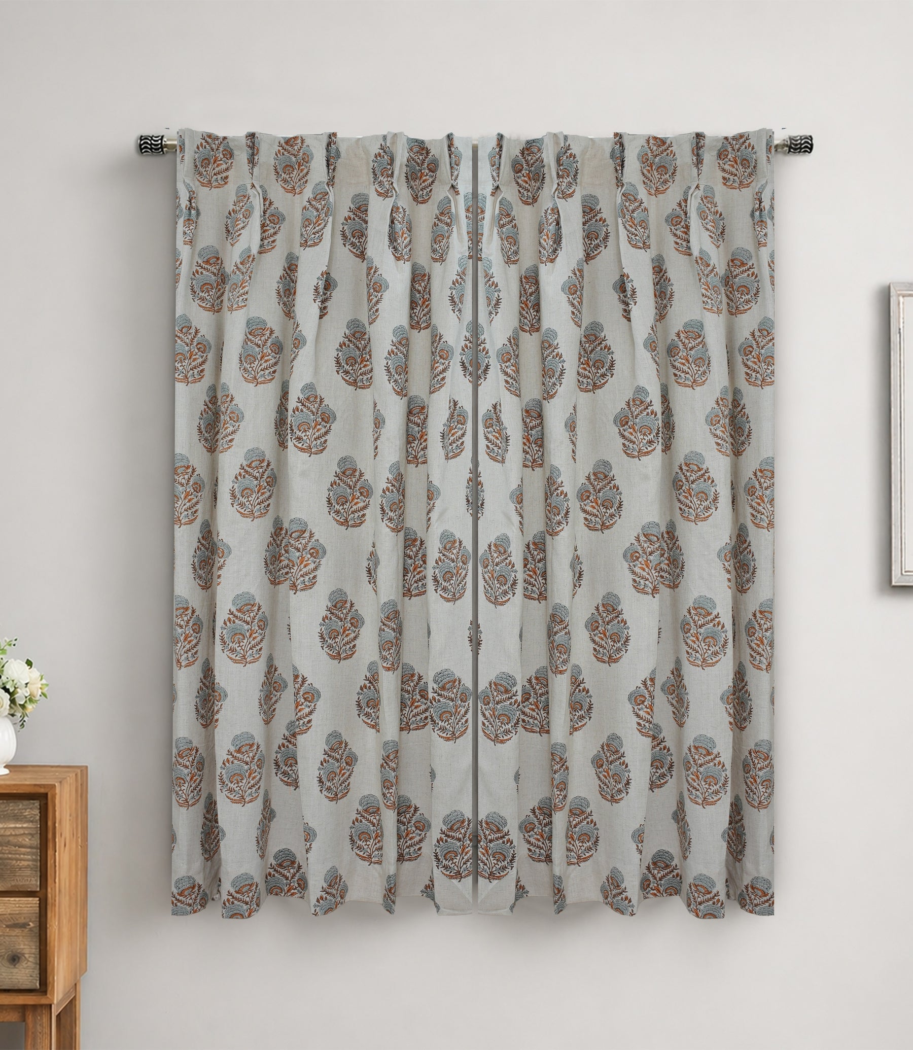 Handmade Linen Pleated Curtains Gray & Brown Floral Block Print Drapes For Farmhouse | Mohini