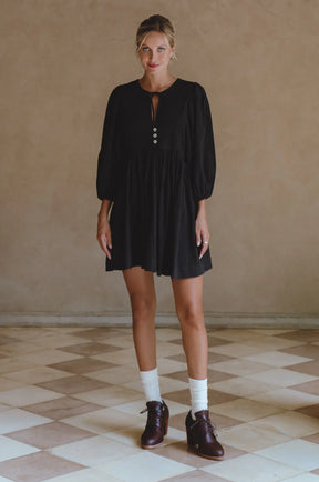 Maribelle Baby Doll Linen Dress - Black