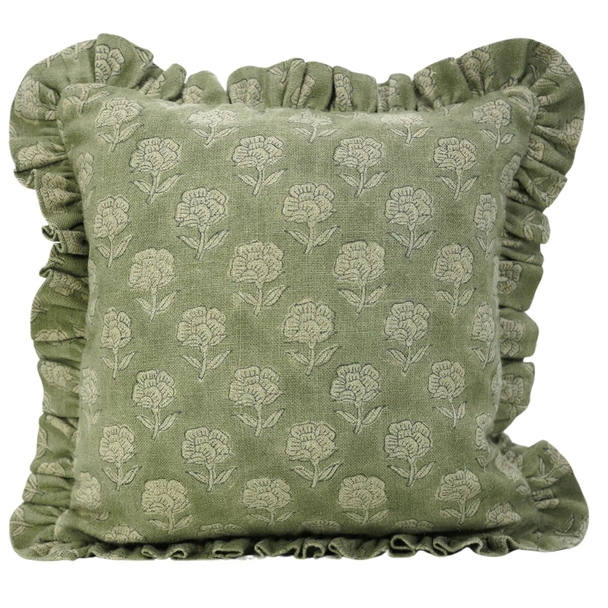 Hand Block Floral Frill Decorative Thick Linen Pillow Cover - Rohini