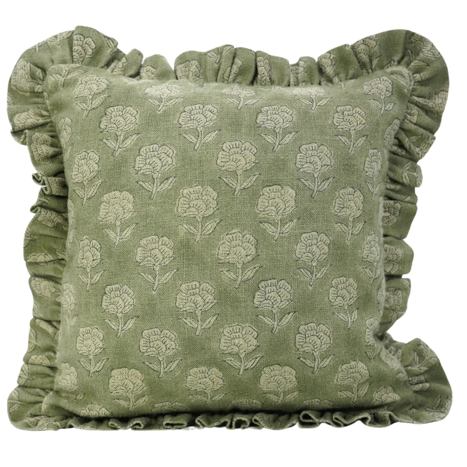 Hand Block Floral Frill Decorative Thick Linen Pillow Cover - Rohini