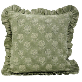 Hand Block Floral Frill Decorative Thick Linen Pillow Cover - Rohini