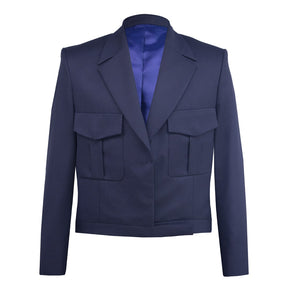 Blue Cropped Blazer with Stripes and Magnetic Snap Fastening