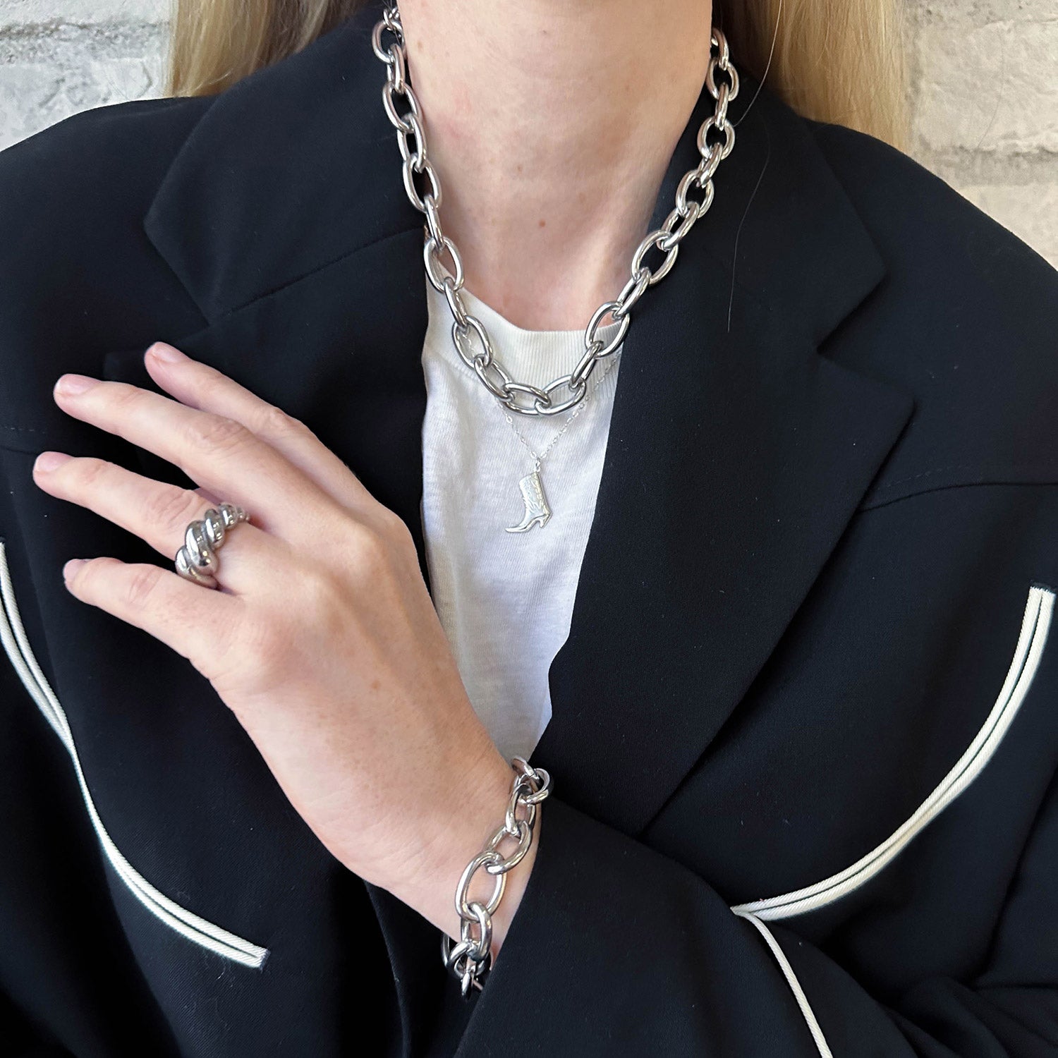 Silver Round Chain Necklace Bracelet Set