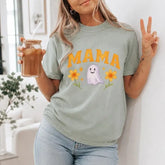 Mama Ghost Floral Halloween Graphic T-Shirt | Sage Mint Green Spooky Mom Cotton Tee