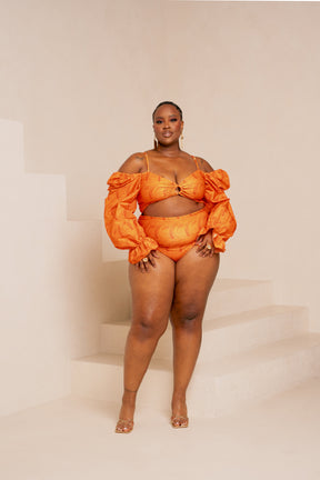 IZA ORANGE OFF SHOULDER PUFFY SLEEVE SWIMSUIT