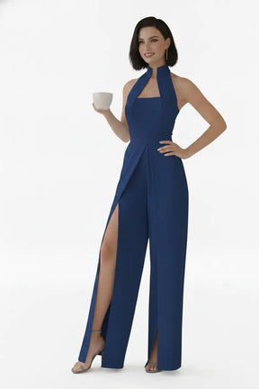 Ink Blue High-collar Slit-leg Jumpsuit