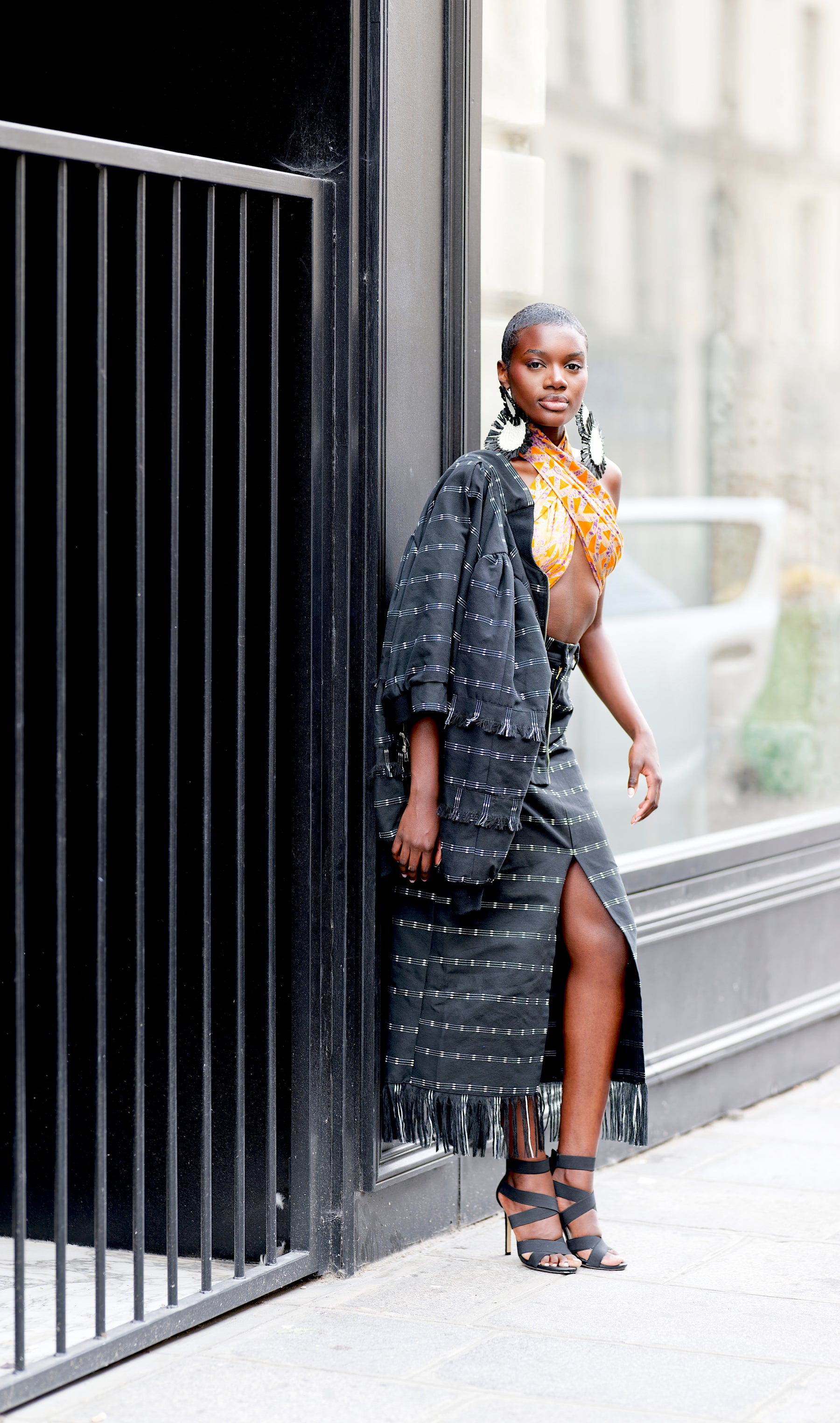 AMINA, BW Kente pencil skirt with front slit