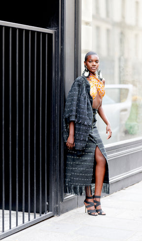 AMINA, BW Kente pencil skirt with front slit