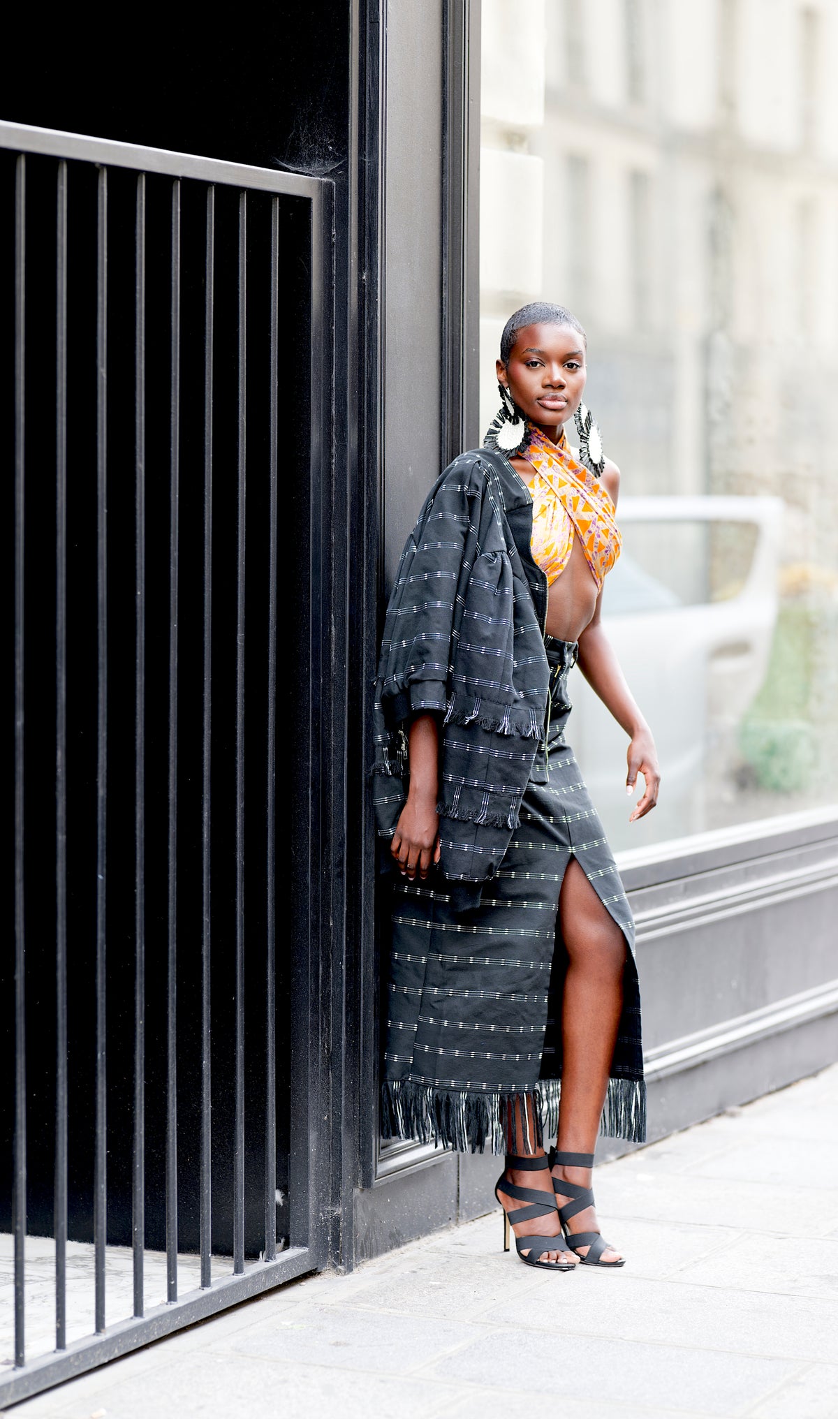 AMINA, BW Kente pencil skirt with front slit