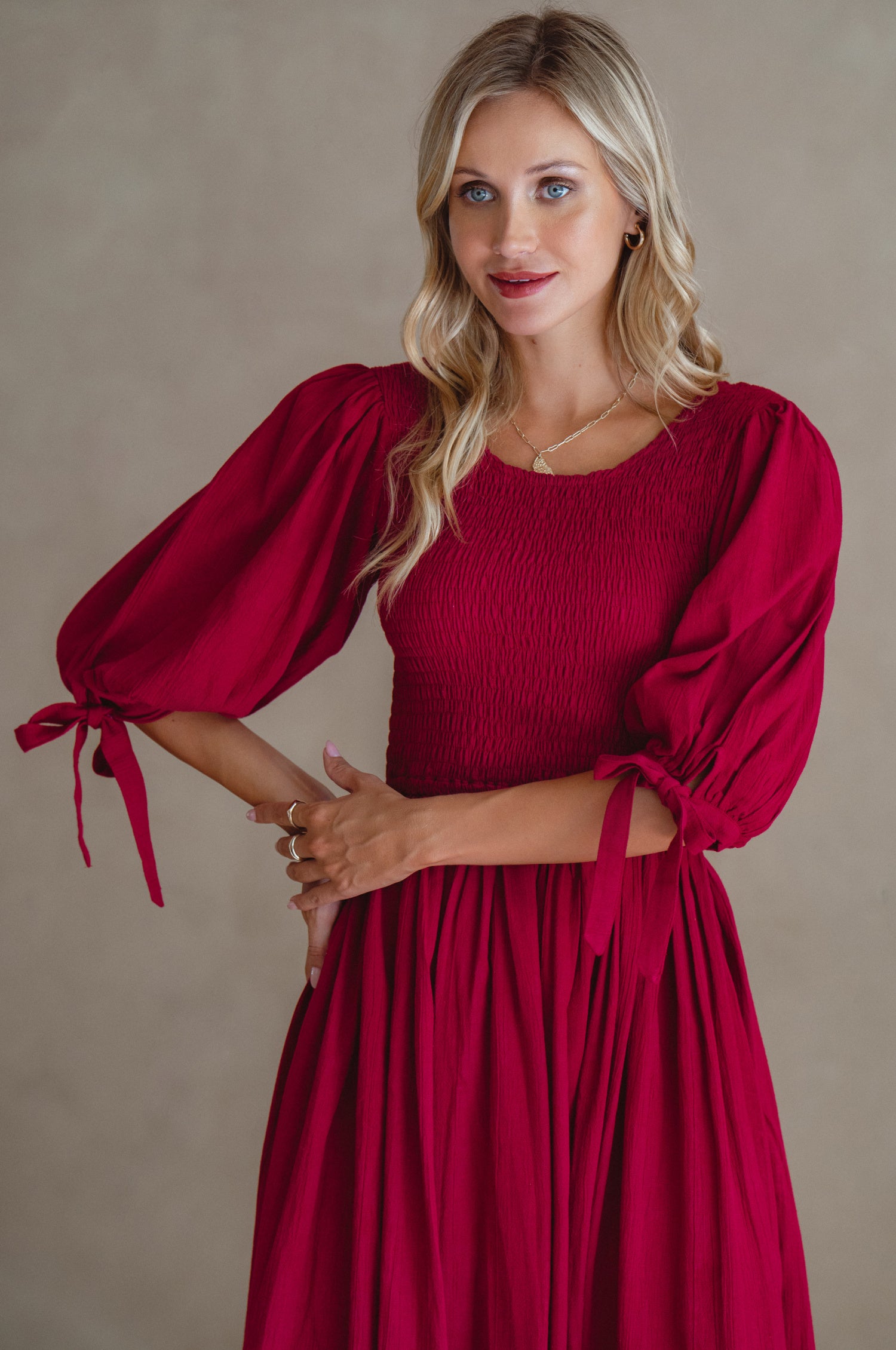 Freya Smocked Linen Midi Dress - Sangria