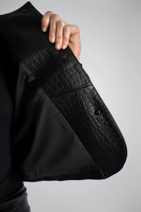 Black Lamb Leather Jacket with Gold Buttons &amp; Snake Print – Timeless Elegance &amp; Sophistication