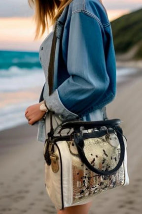 Kanda Luxury Handpainted Leather Handbag in Black, White & Gold