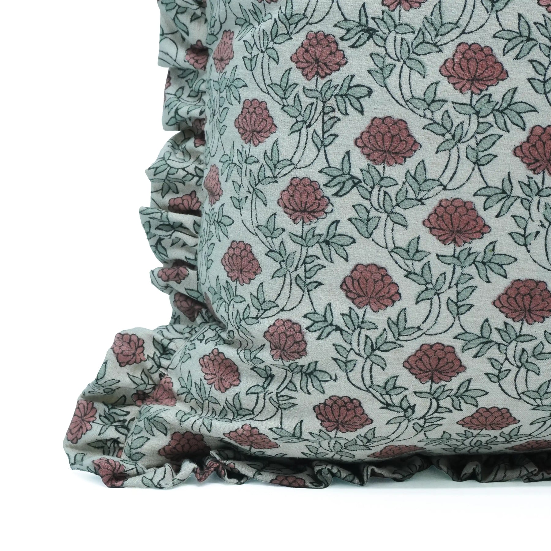 Handmade Red Floral Block Print Linen Blend Pillow Cover - Khubsoorat