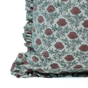 Handmade Red Floral Block Print Linen Blend Pillow Cover - Khubsoorat