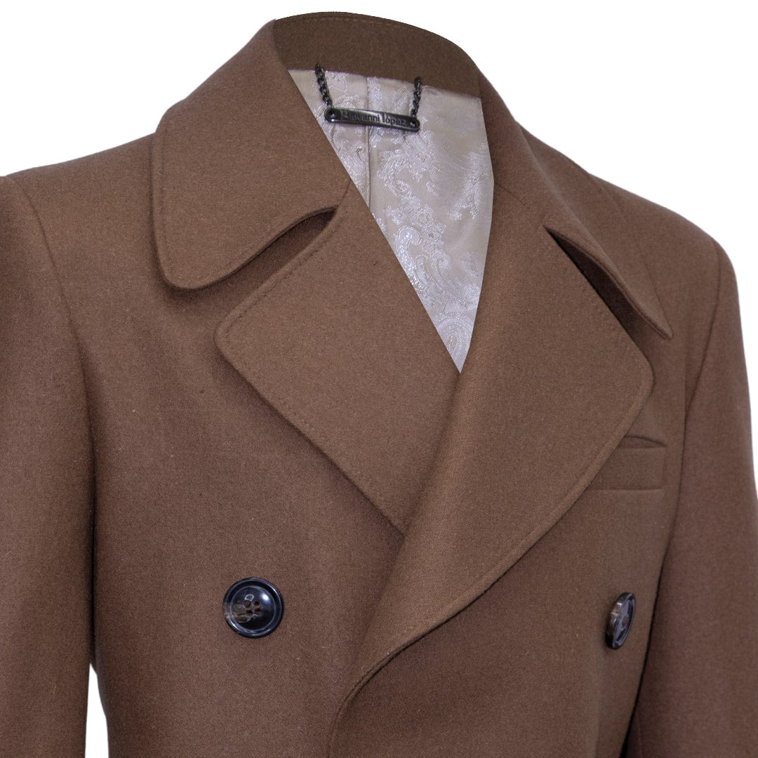 Brown double-breasted coat with wide lapels.