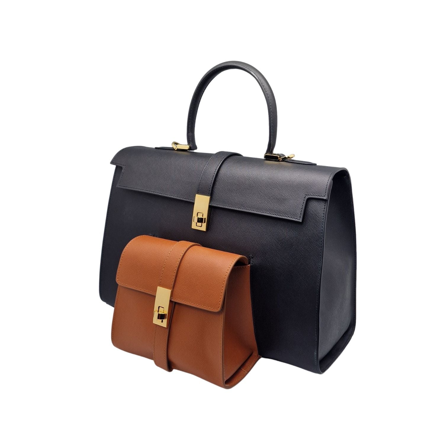 Ethereal Double Dose Bag In Saffiano Calf Leather - Black & Brown