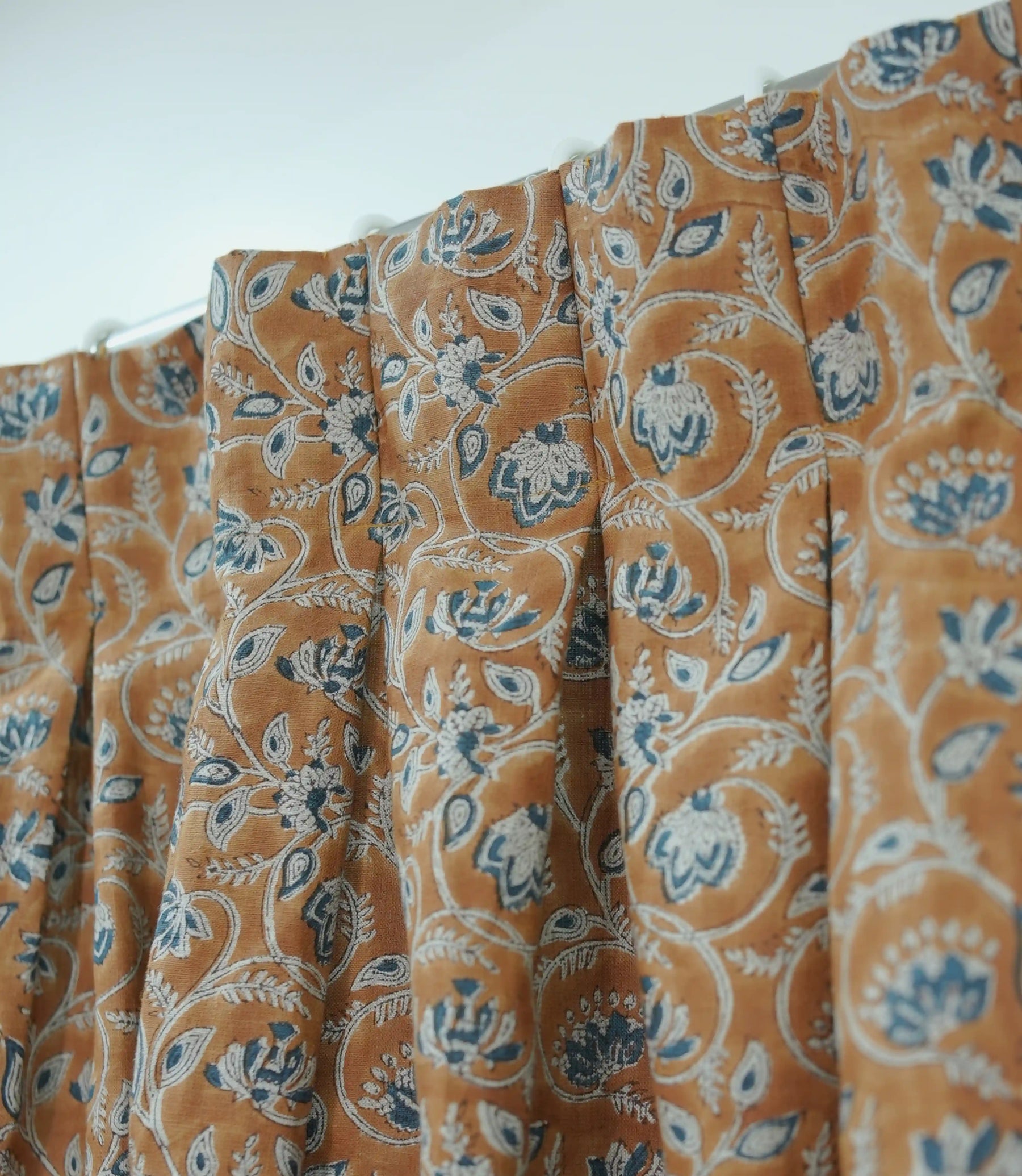 Handcrafted Boho Block Print Two Pleated Pure Linen Curtain - Saraswati