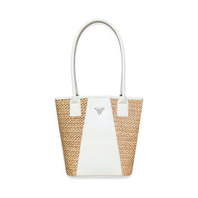 Beige Leather Tetra Tote – Handmade Medium Shoulder Bag with Palm Weave, Classic Leather Purse