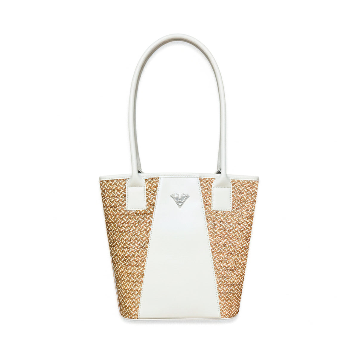 Beige Leather Tetra Tote – Handmade Medium Shoulder Bag with Palm Weave, Classic Leather Purse