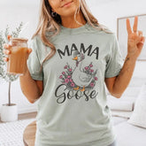 Mama Goose Bonnet & Floral Graphic T-Shirt | Sage Mint Green Country Mom Cotton Tee