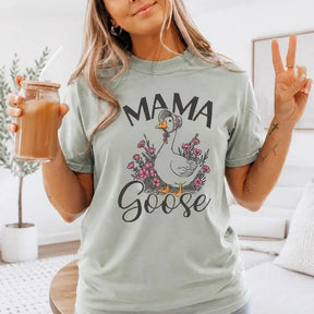 Mama Goose Bonnet & Floral Graphic T-Shirt | Sage Mint Green Country Mom Cotton Tee