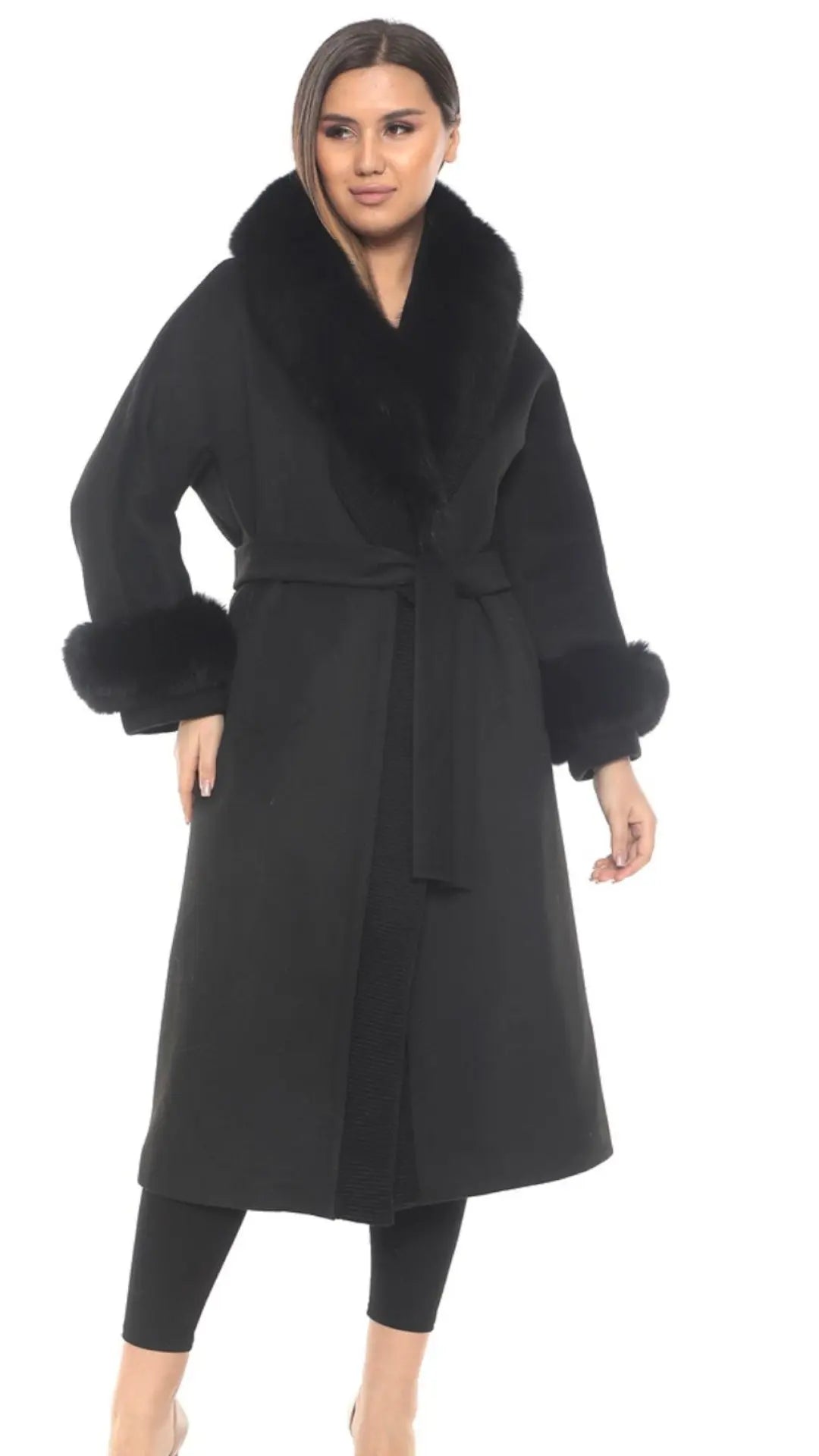 Designer Black Cashmere Wool & Fox Fur Coat