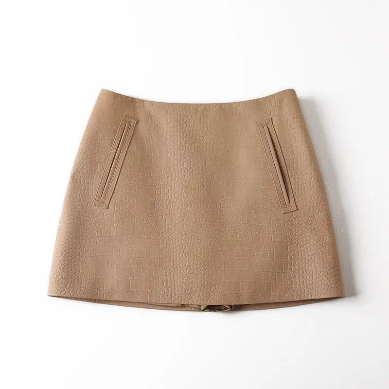 Croc-Embossed Genuine Sheep Leather Mini Skirt