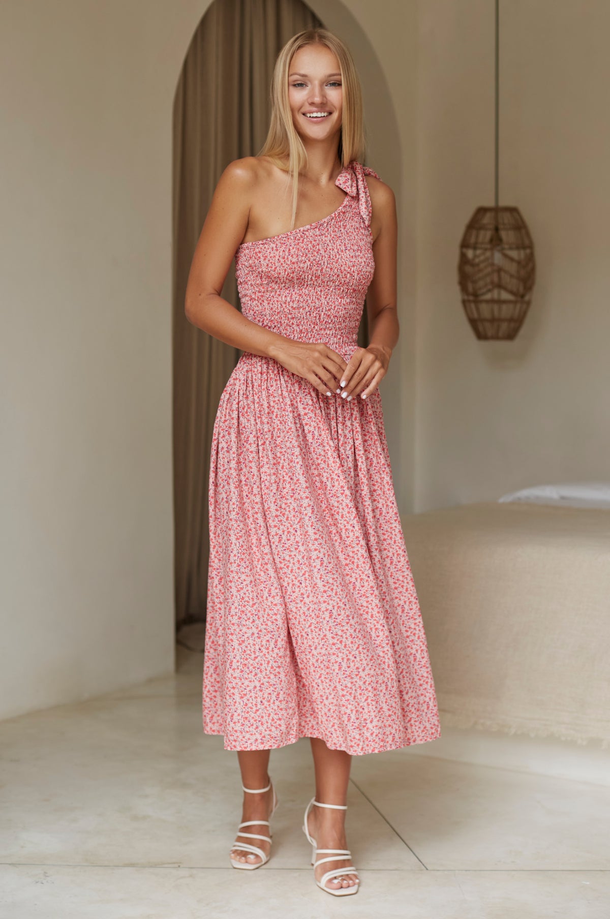 Sienna One-Shoulder Shirred Dress - Rose Fields