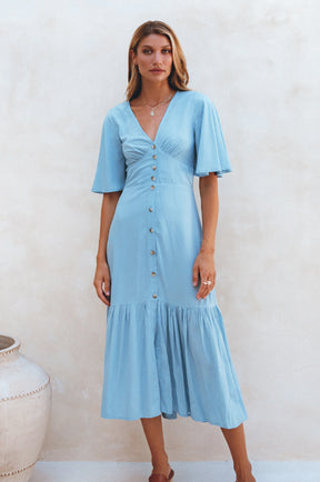 Donna Button Down Midi Dress - Soft Blue