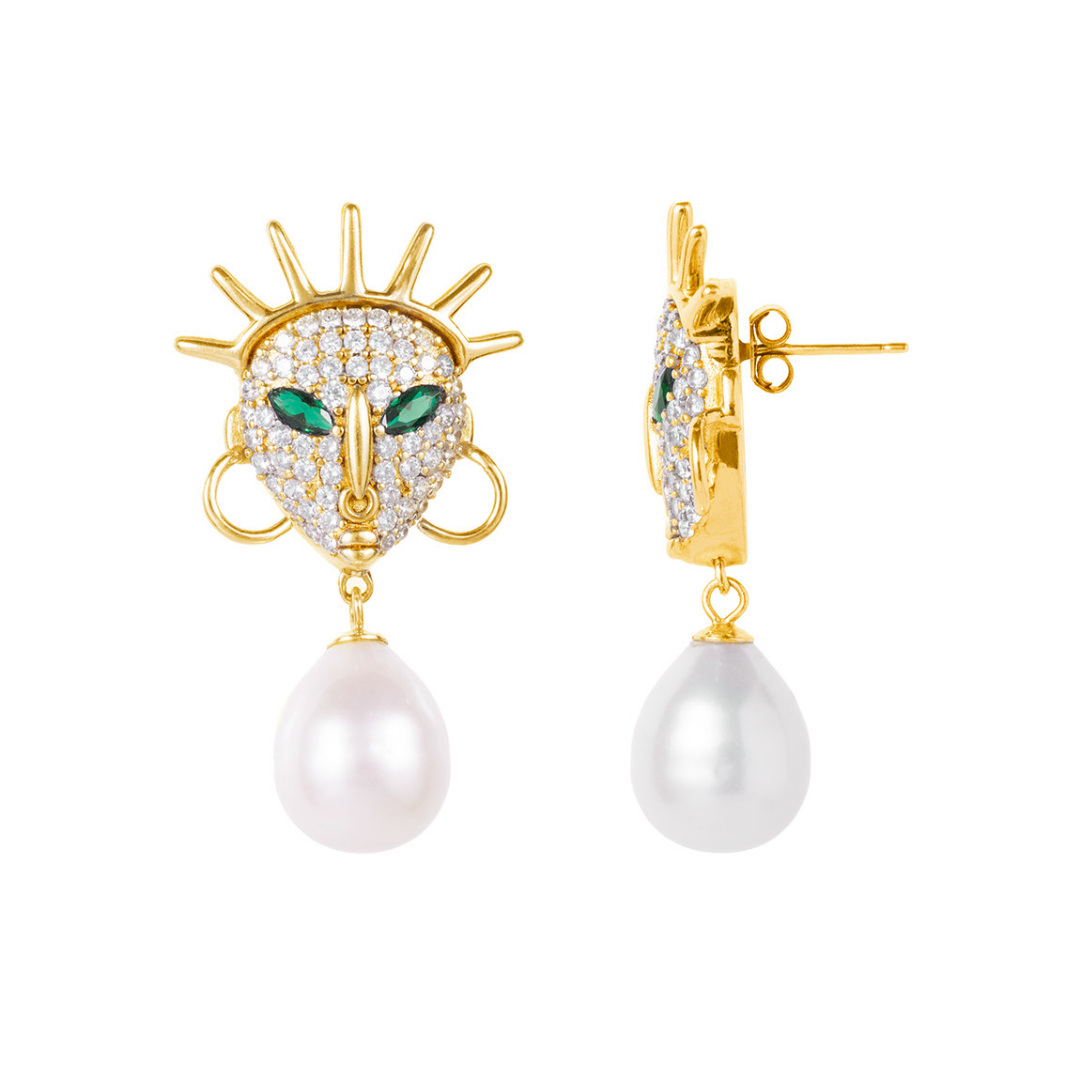 Ìdòlá Large Earrings with Gemstone Eyes and Pearl Drop