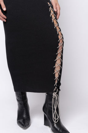 Rhinestone Lace Up Square Neck Midi Dress