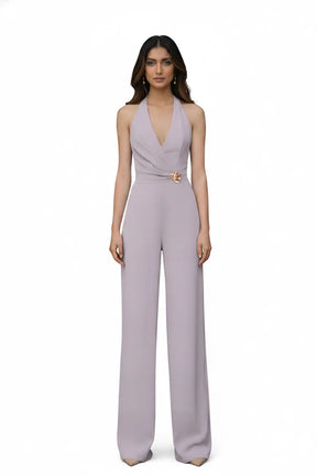 Salmon Pink Halter Jumpsuit – Gold Brooch